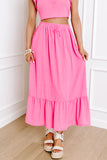 Bright Pink Textured Ruffle Trim Crop Top and Drawstring Skirt Set