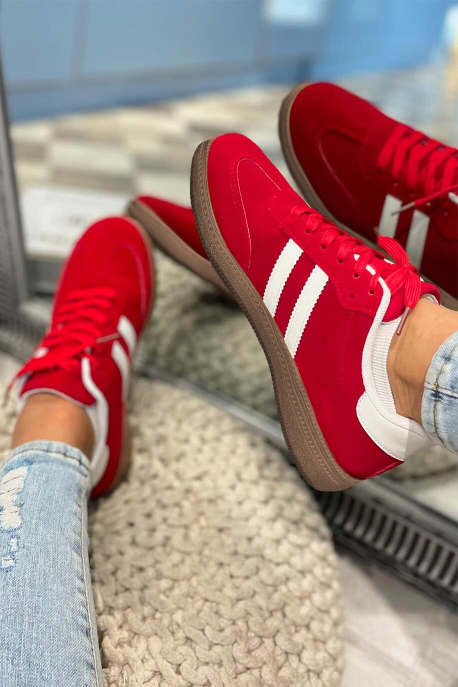 Fiery Red Vintage Striped Suede Patchwork Lace-Up Sneakers