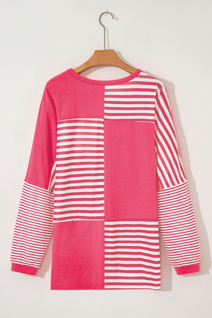 Pink Stripe Color Block Patchwork Drop Shoulder Long Sleeve High-Low Top