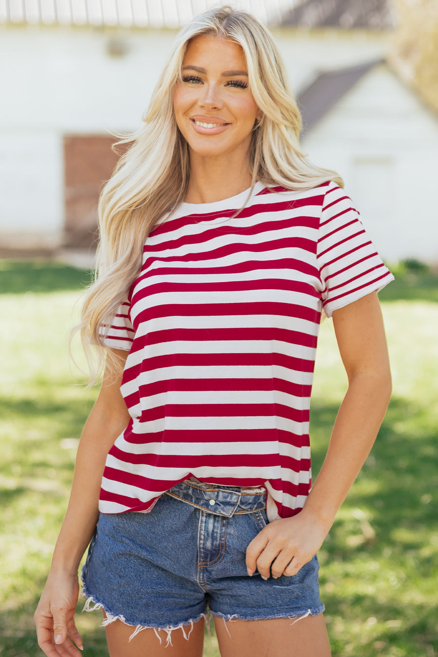 Red and White Striped Crew Neck T-Shirt