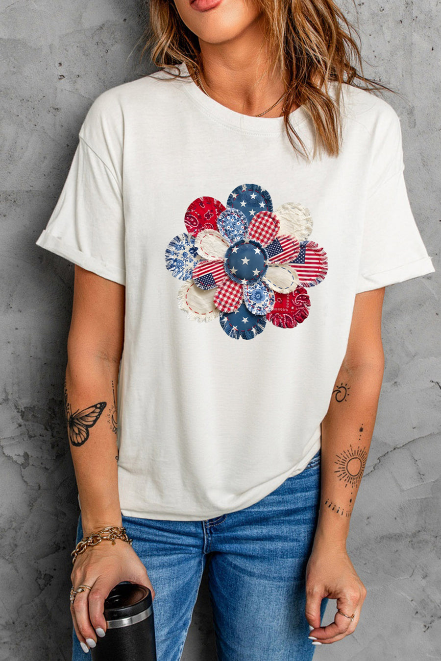 White Faux Patchwork American Flower Graphic T-Shirt