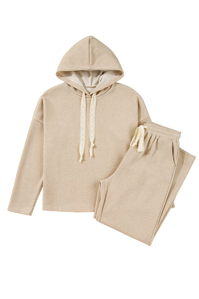 Dark Khaki Drawstring Pullover Hoodie and High Waist Pants Corduroy Suit