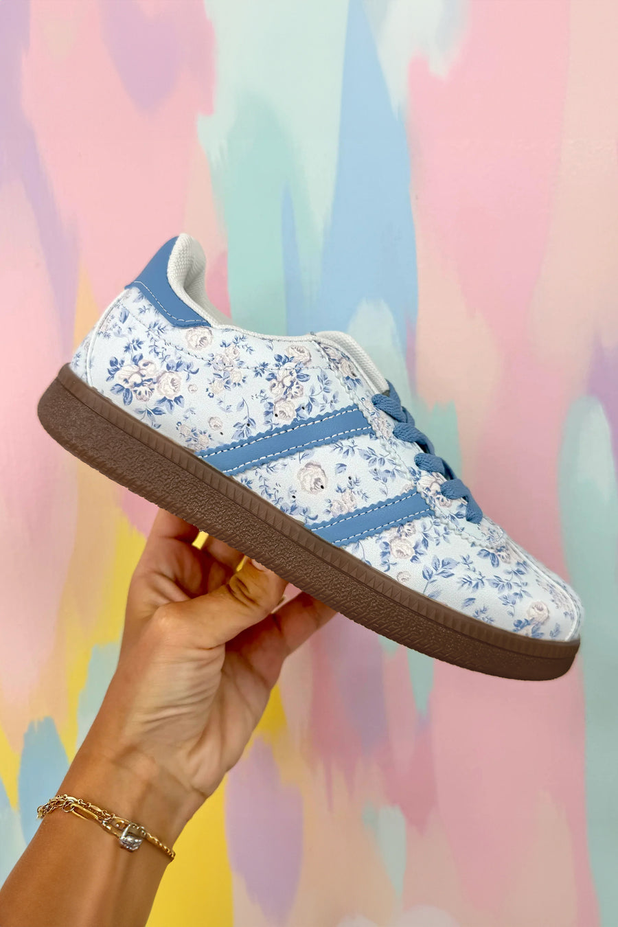 Light Blue Floral Print PU Leather Sneakers