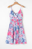 Blue and Pink Floral Spaghetti Strap Surplice Neck Shirred Waist Mini Dress