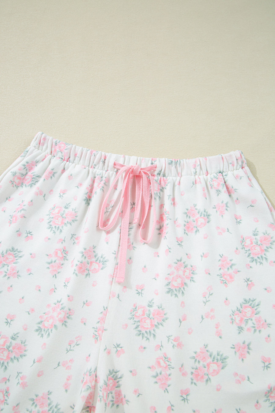 Pink Floral Print Lettuce Trim Short Sleeve Top and Shorts Pajama Set