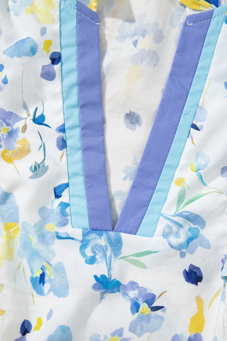 Blue Floral Frilled Notch Neck Ruffle Sleeve Blouse