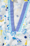 Blue Floral Frilled Notch Neck Ruffle Sleeve Blouse