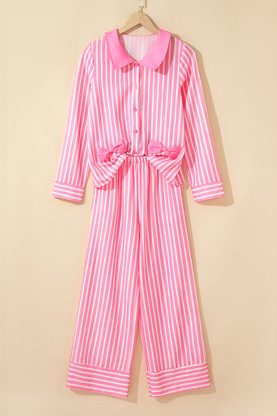 Pink Striped Bow Decor Peter Pan Collar Button-Up Top and Pants Pajama Set