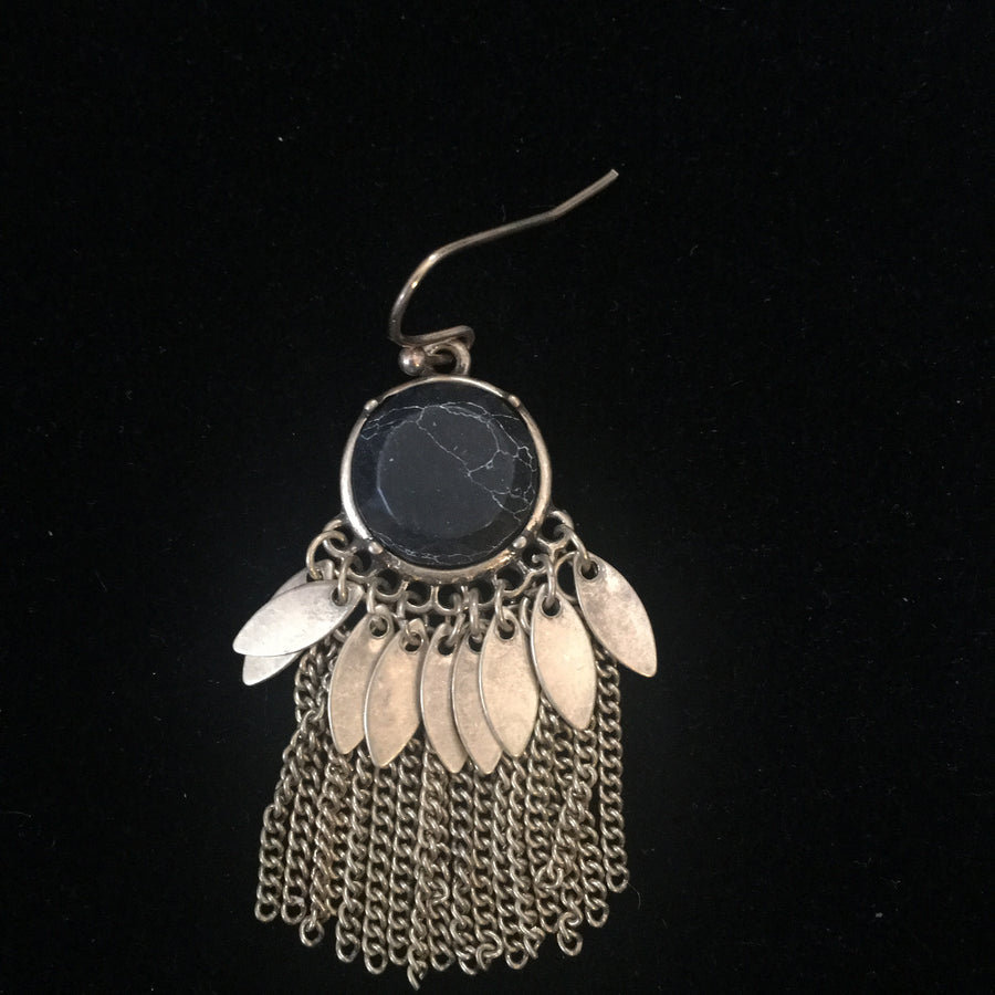 Worn Gold Stone & Fringe Earrings- Black