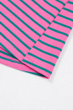 Plus Size Bright Pink and Green Stripe Collared Puff Sleeve Mini Dress with Pockets