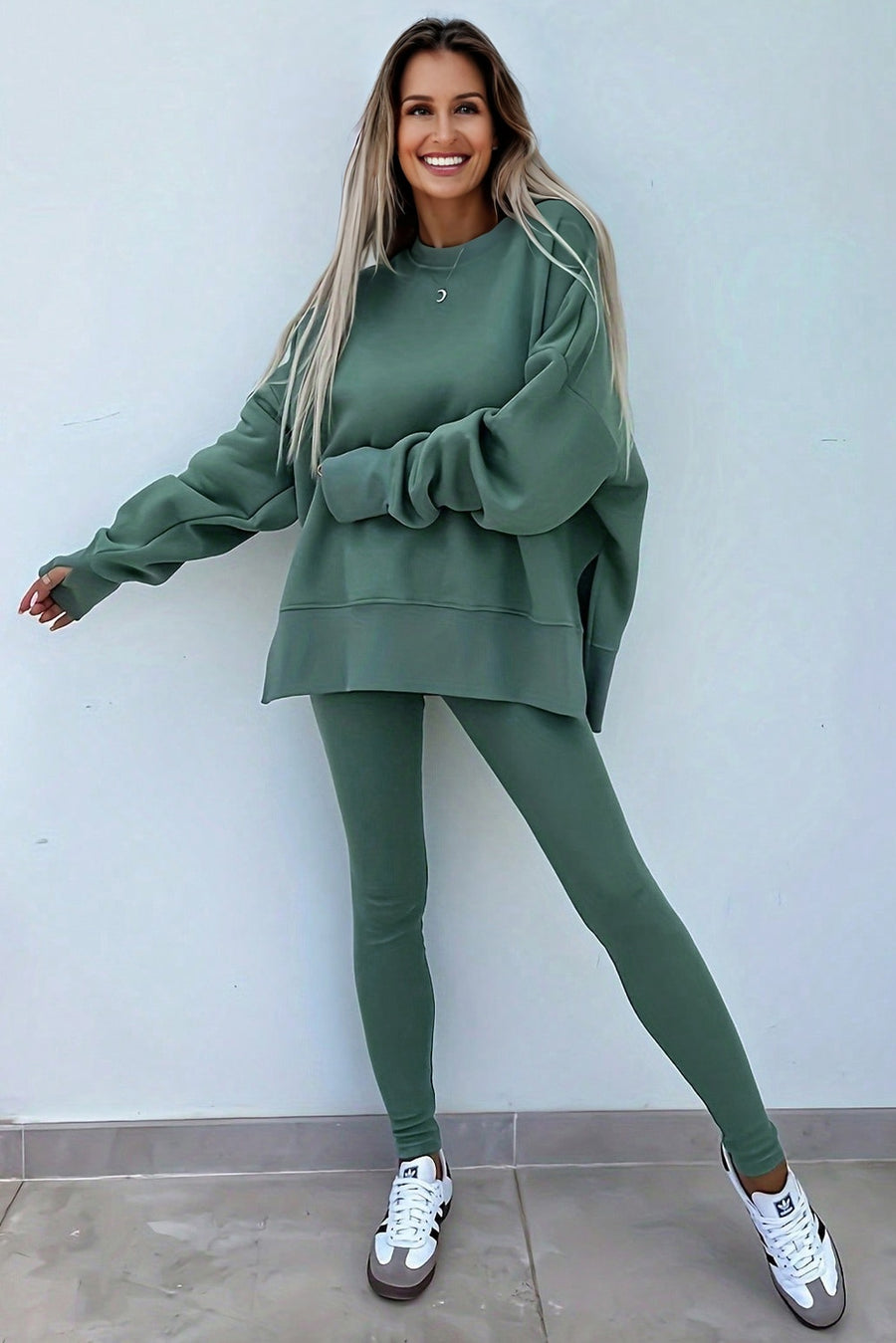 Oversized Split Hem Sweatshirt & Ribbed Leggings Set- 3 Colors