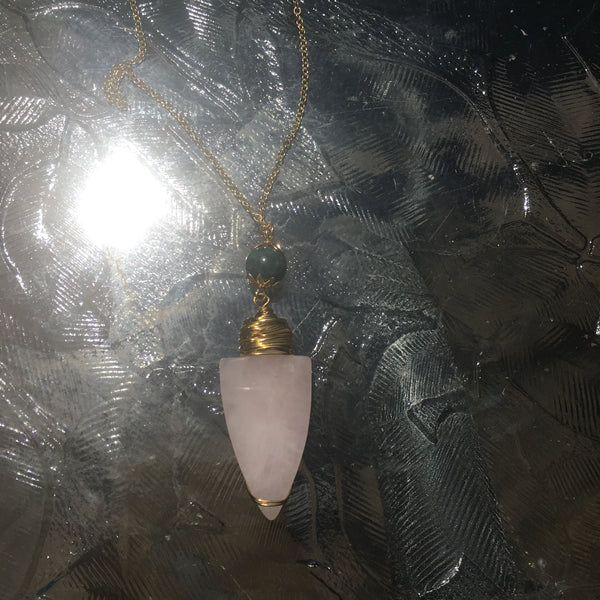 Gold Tone Bead & Wire-Wrapped Arrowhead Pendant Necklace- Rose Quartz