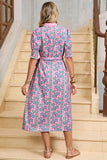 Pink Bohemian Floral Shirred Short Sleeve Belted Midi Dress