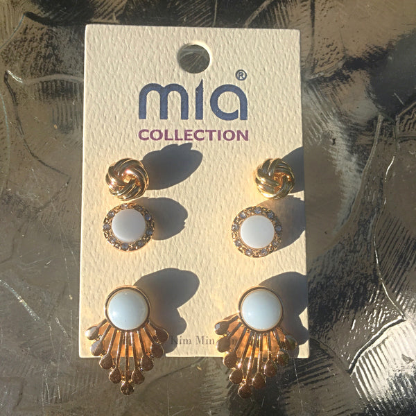 Gold Tone Earring Trio- Light Blue & Ivory