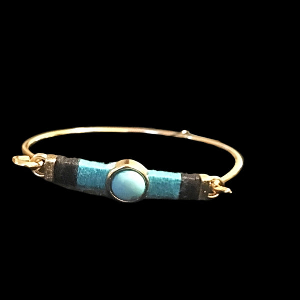 Gold Tone Bar & Stone Bangle Bracelet- Black & Turquoise