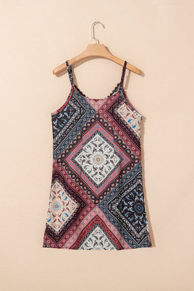 Red Geometric Paisley Print Sleeveless Mini Dress
