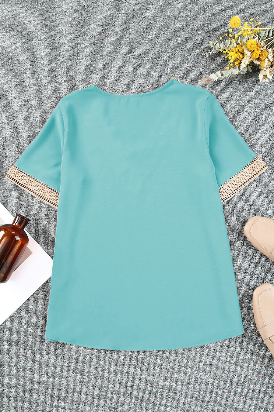 Green Lace Trim V Neck Short Sleeve Blouse