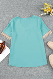 Green Lace Trim V Neck Short Sleeve Blouse