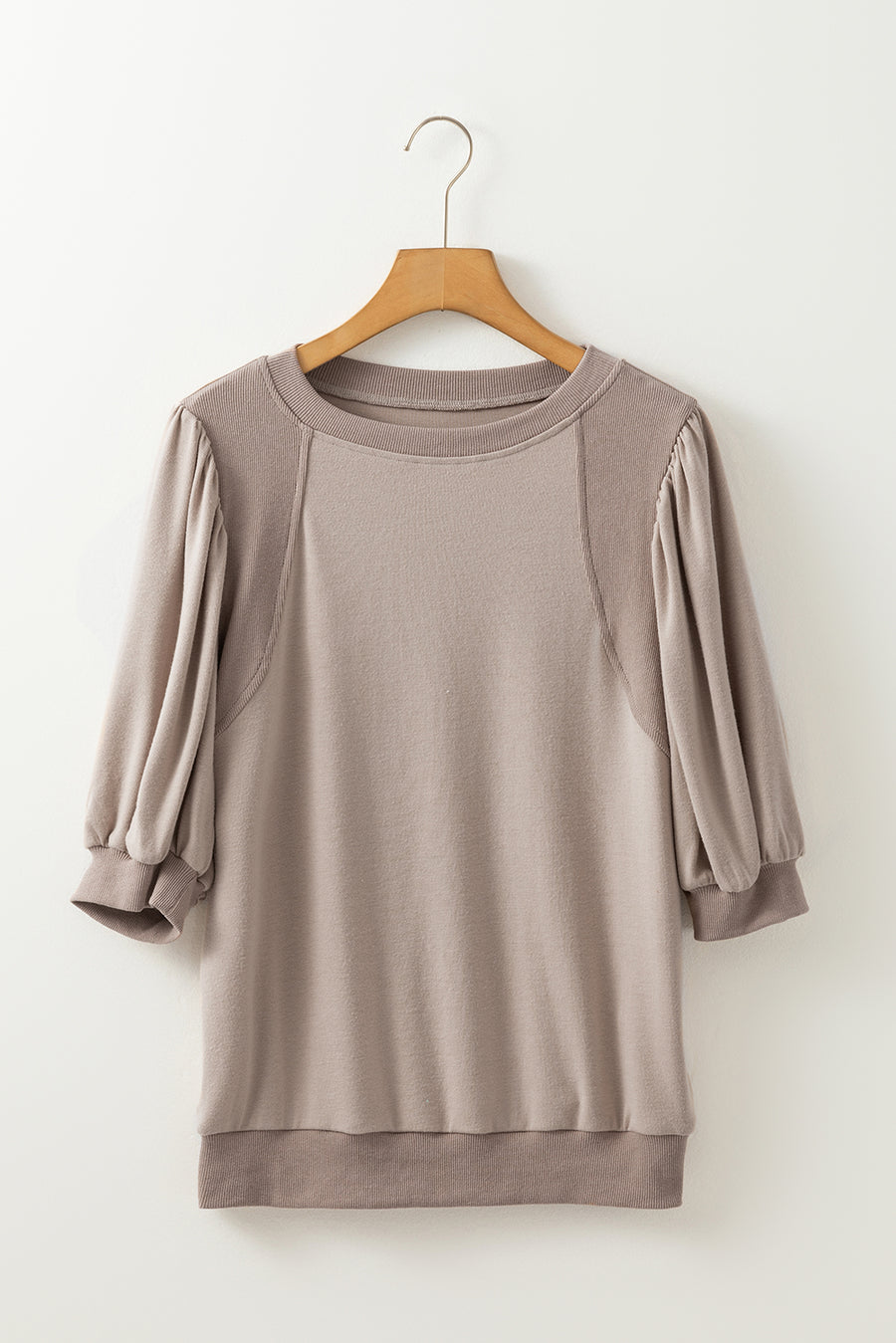 Mocha Bishop Sleeve Contrast Trim Crew Neck Blouse