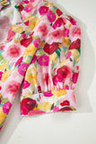 Pink Floral Frilled V-Neck Puff Short Sleeve Blouse
