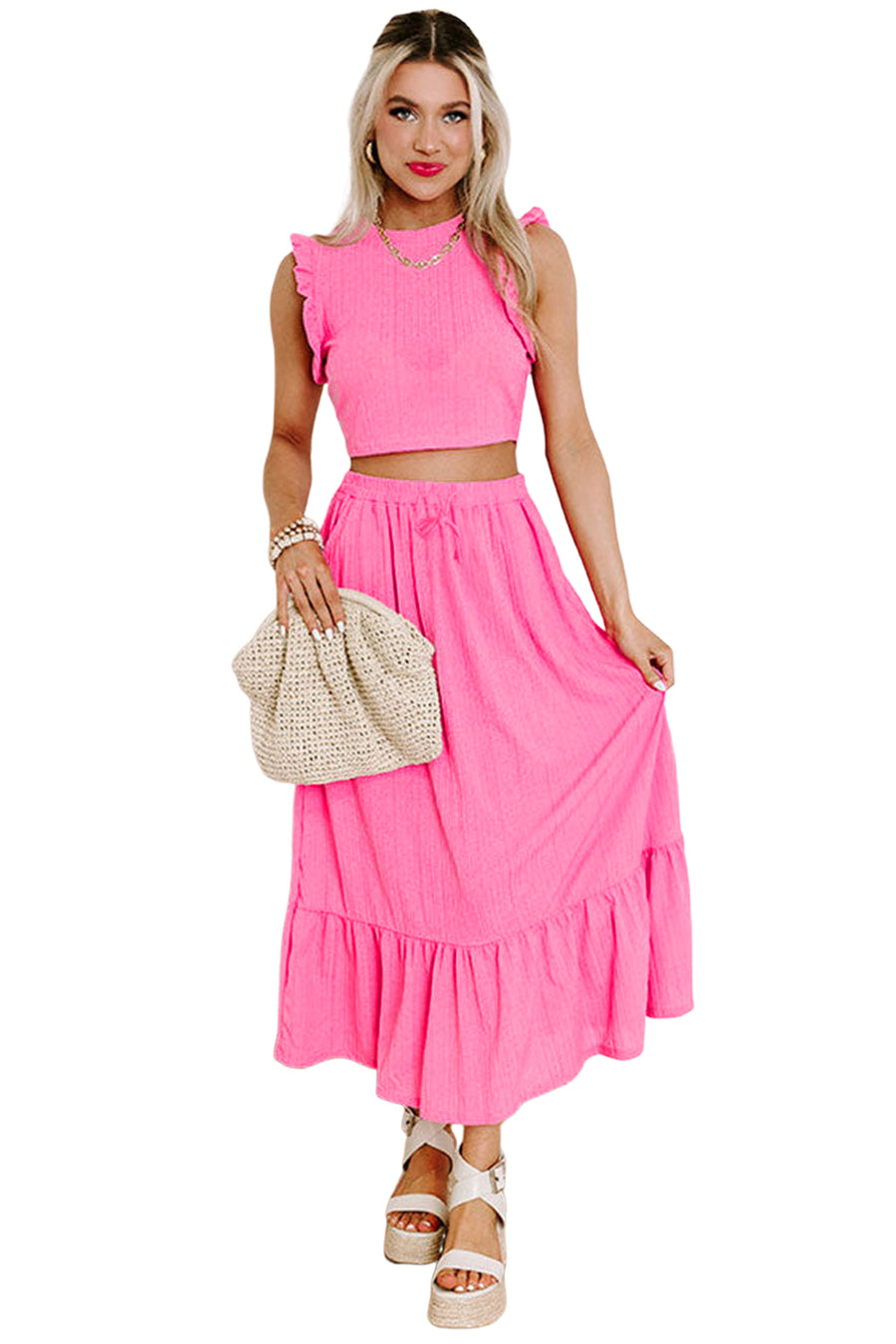 Bright Pink Textured Ruffle Trim Crop Top and Drawstring Skirt Set