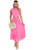 Bright Pink Textured Ruffle Trim Crop Top and Drawstring Skirt Set