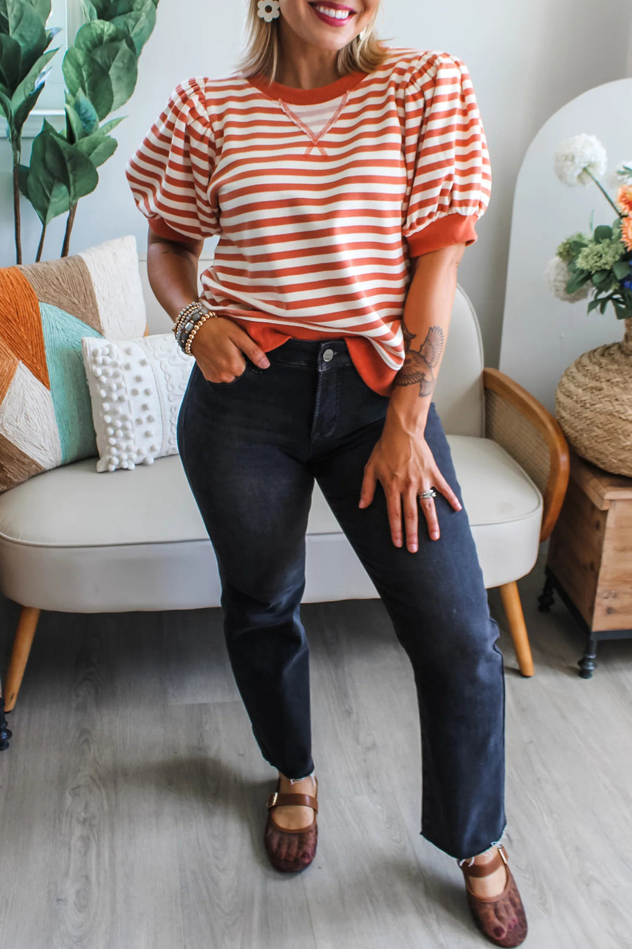 Striped Short Bubble Sleeve T-Shirt- 3 Colors