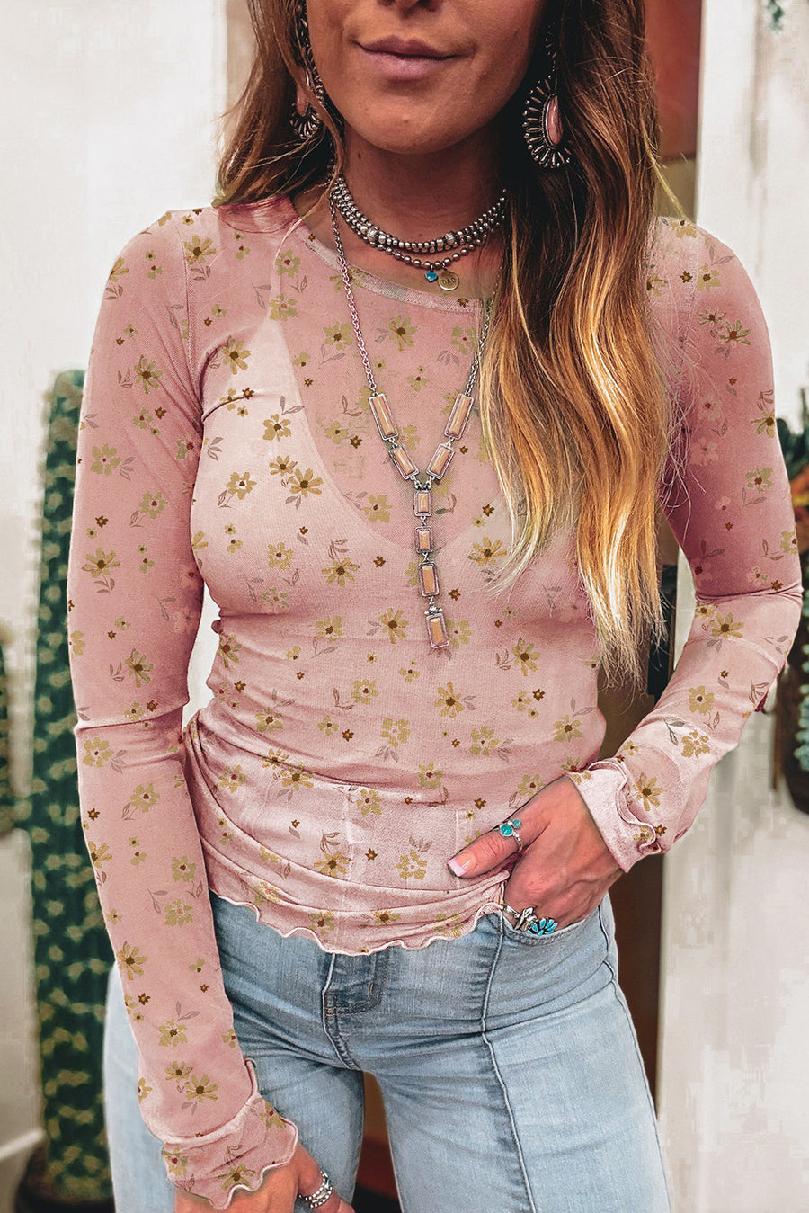 Floral Print Mesh Slim Fit Long Sleeve Blouse- 2 Colors
