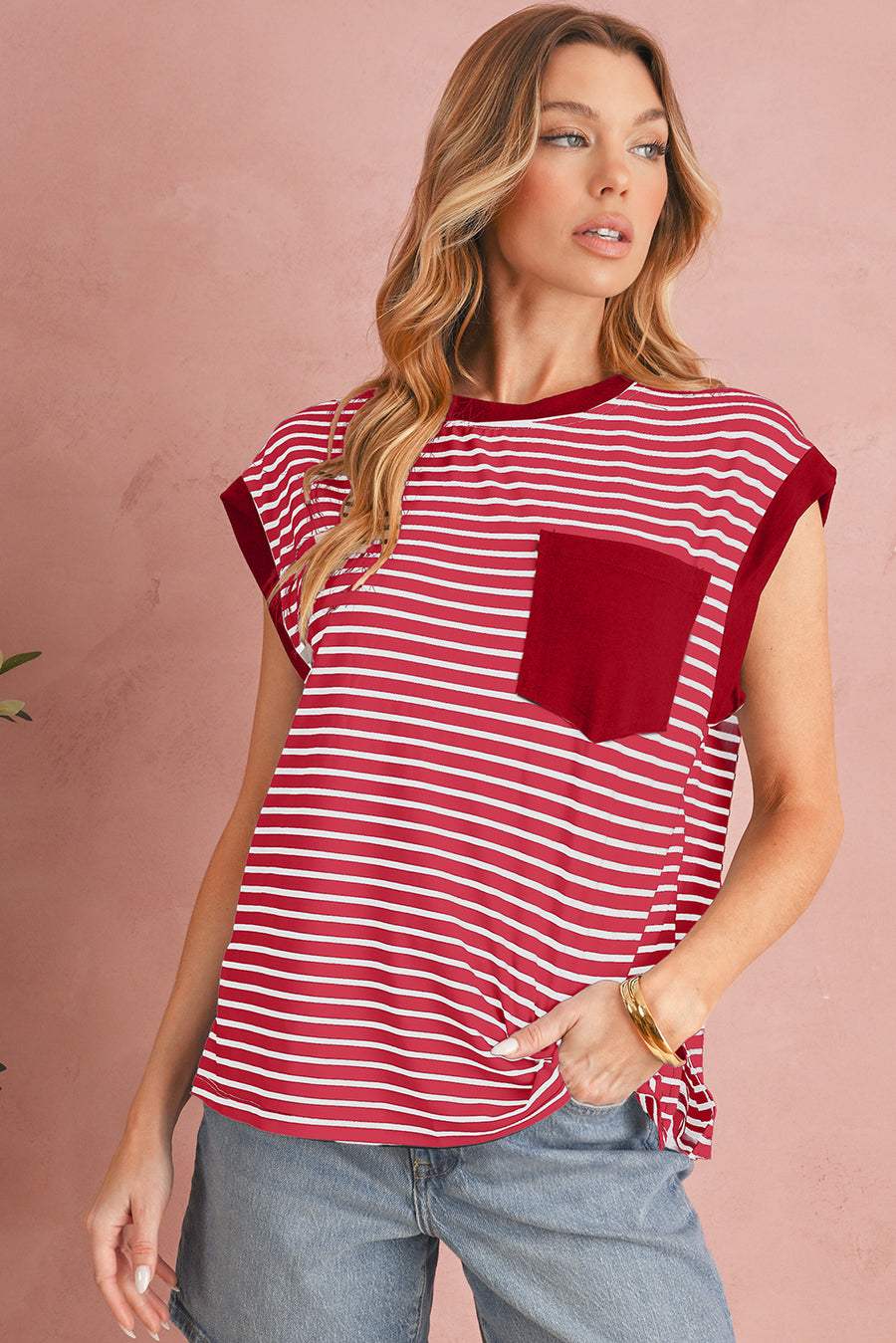 Striped Chest Pocket Crew Neck Muscle Tee- 2 Colors