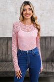 Pink Floral Lace Sheer Long Sleeve Blouse