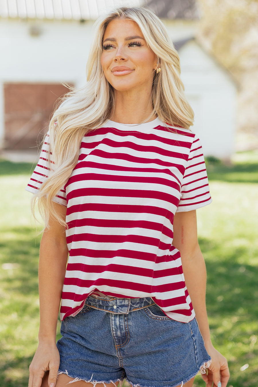 Red and White Striped Crew Neck T-Shirt