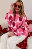 Pink Heart & Checkered Pattern Drop Shoulder Crew Neck Knit Sweater