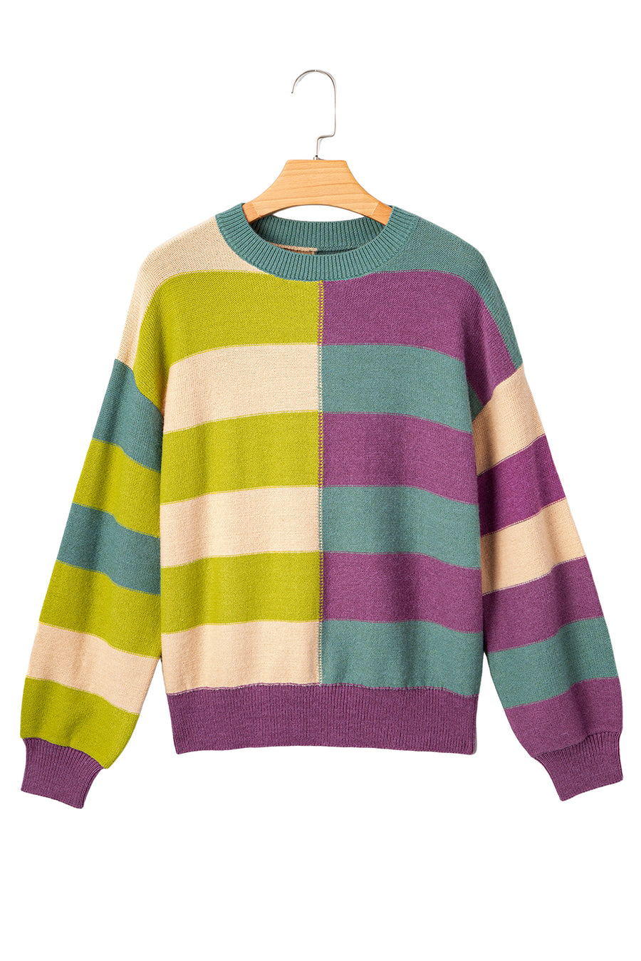 Striped Color Block Drop Shoulder Front Seam Sweater