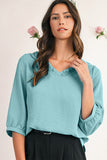 Frill V-Neck Lantern Sleeve Crinkled Blouse- 3 Colors