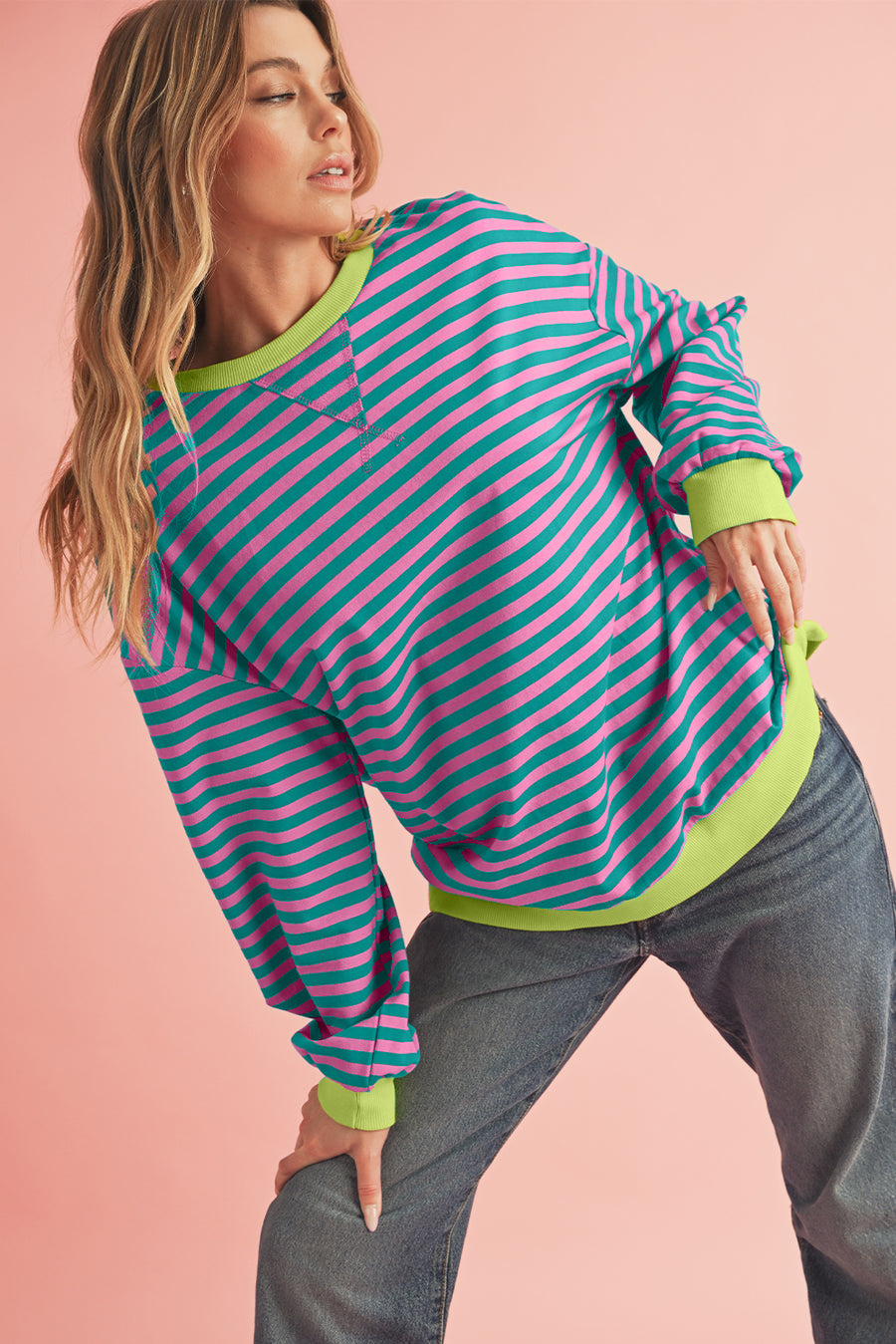 Striped Contrast Trim Oversized Sweatshirt- 4 Colors