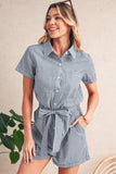 Railroad Striped Chest Pockets Button-Up Belted High-Waist Romper