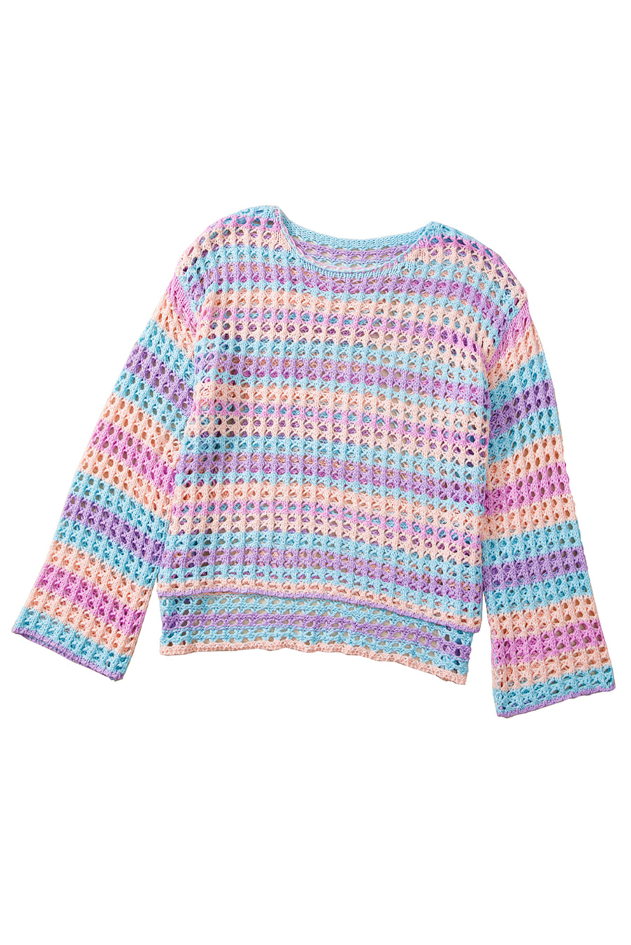 Openwork Side Slit Crew Neck Striped Cover-Up B- 2 Colors