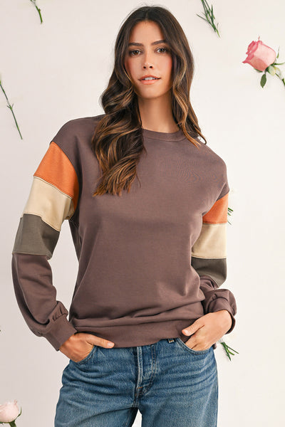Dark Khaki Colorblock Drop Shoulder Pullover Casual Sweatshirt
