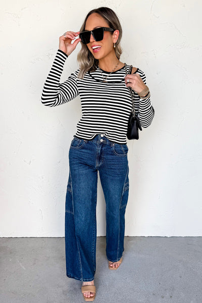 Black Striped Cutout Long Sleeve Top