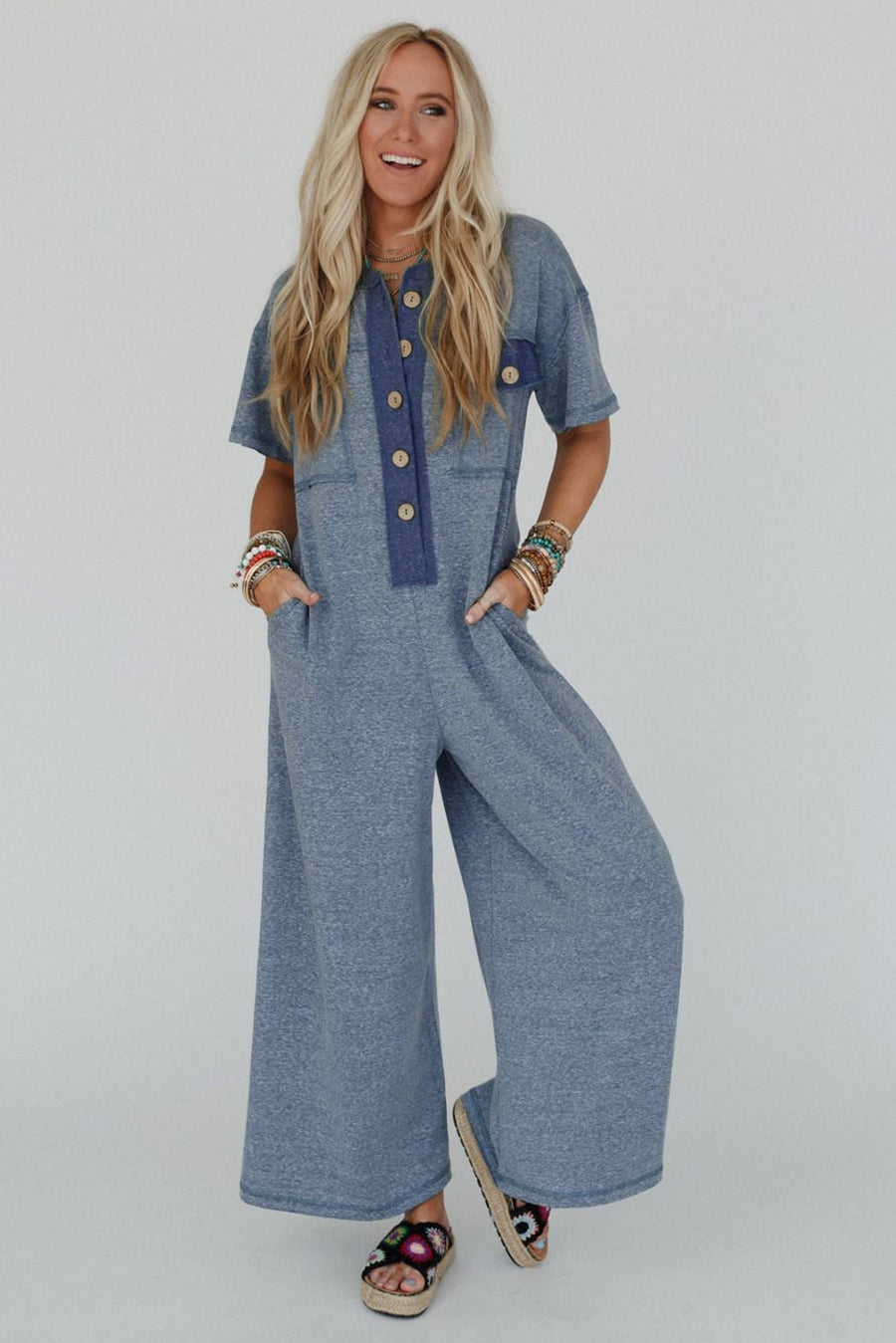 Button-Up Patchwork Pocket Short Sleeve Jumpsuit
