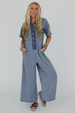 Button-Up Patchwork Pocket Short Sleeve Jumpsuit