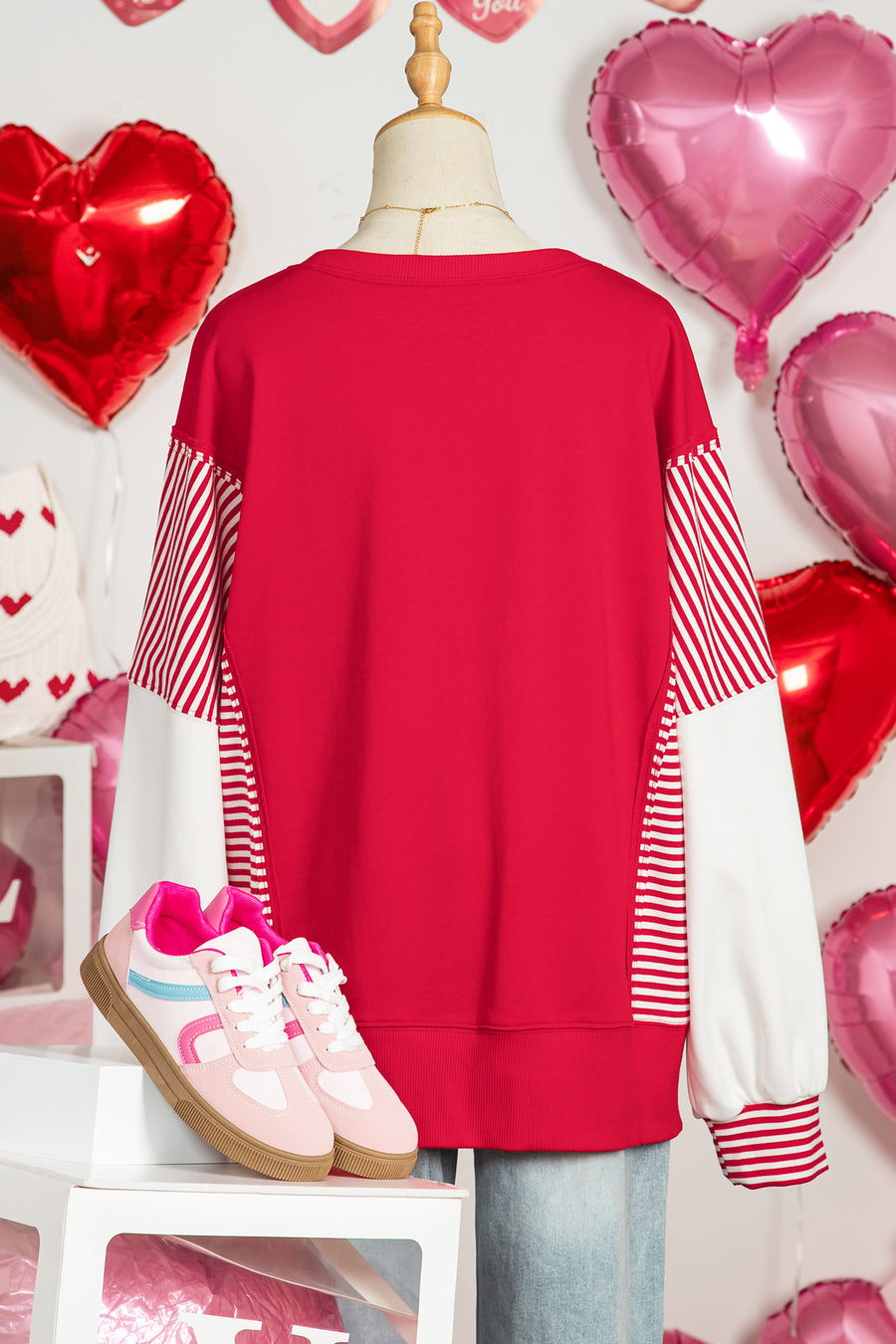 Red Sequin Hearts Striped Color Block Patchwork Drop Shoulder Crew Neck Sweatshirt 2