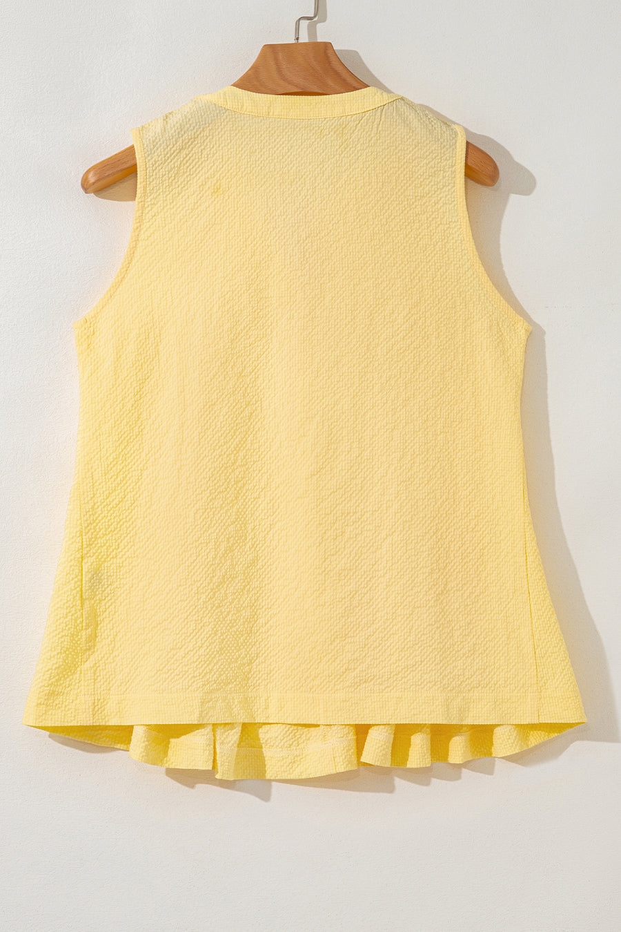 Butter Yellow Waffle Textured Tie Front Notched Neck Pleated Sleeveless Blouse