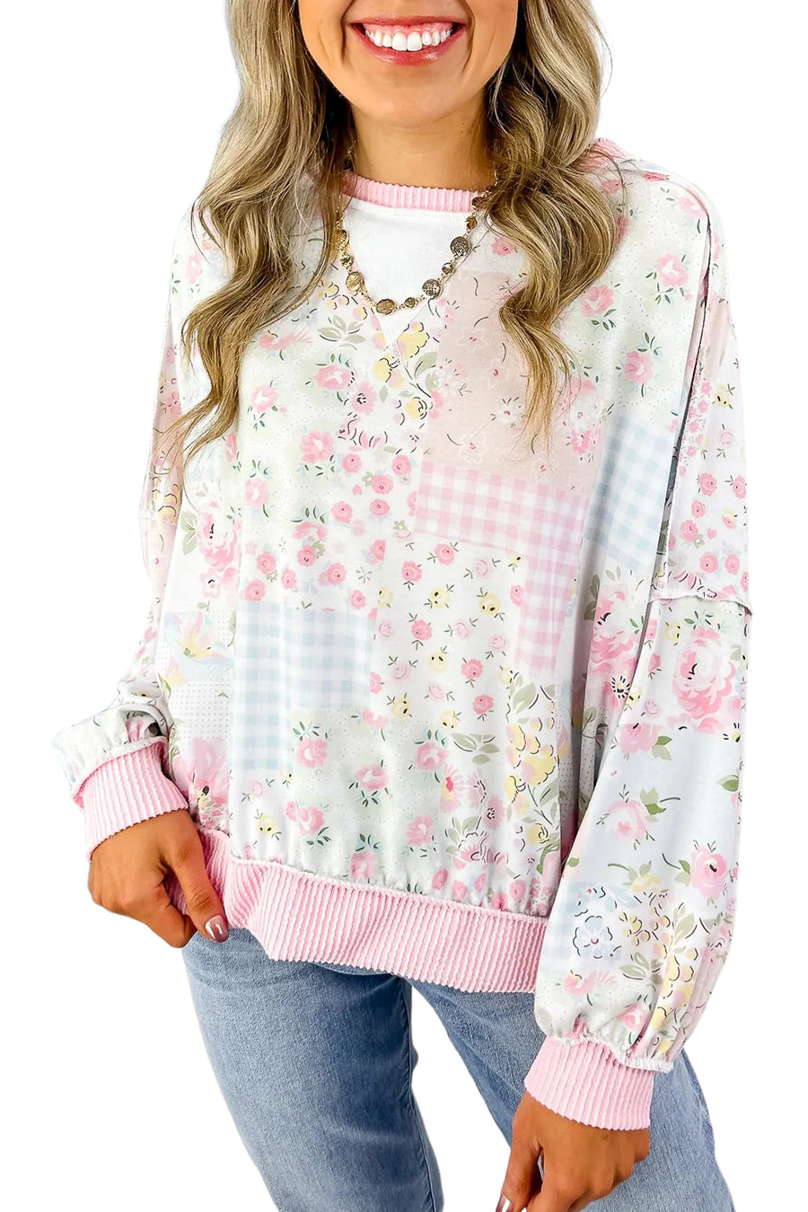 Pink Mixed Floral Print Twisted Rib Patchwork Loose Long Sleeve Top