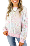 Pink Mixed Floral Print Twisted Rib Patchwork Loose Long Sleeve Top