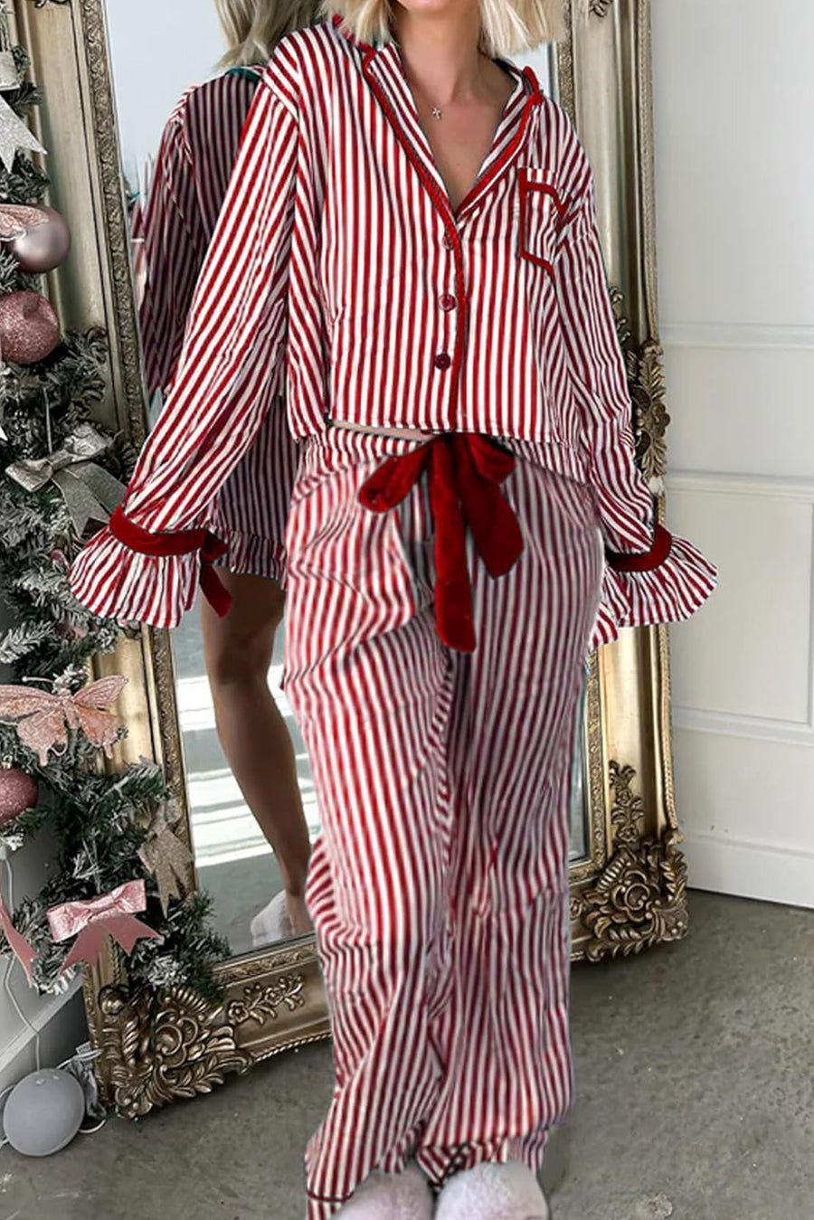 Red Striped Velvet Trim Long Sleeve Button-Up Top and Pants Pajama Set