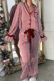 Red Striped Velvet Trim Long Sleeve Button-Up Top and Pants Pajama Set