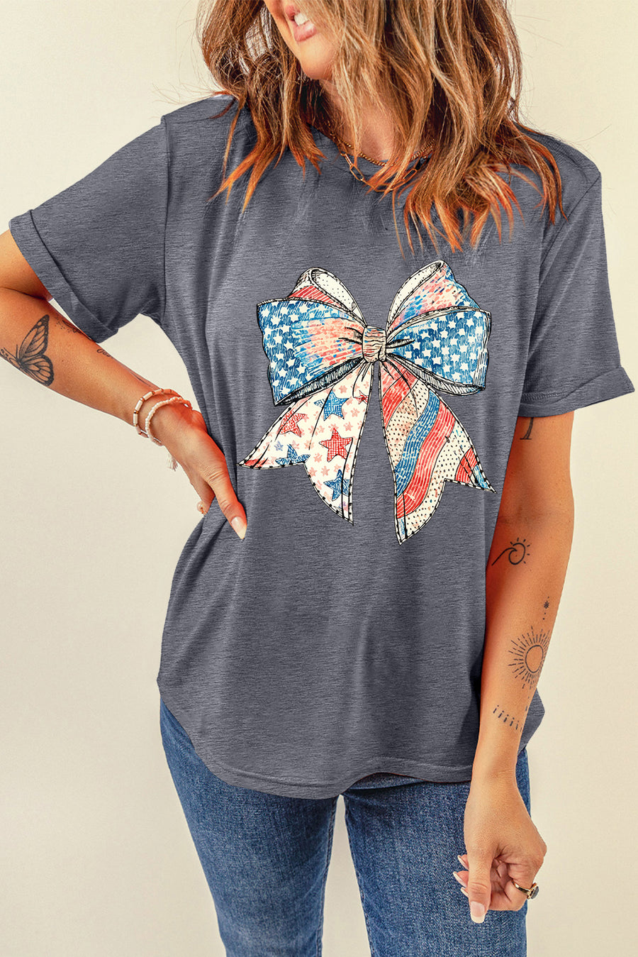 Gray American Flag Bow Patchwork Print Crew Neck Graphic T-Shirt