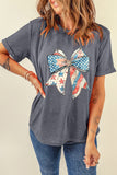 Gray American Flag Bow Patchwork Print Crew Neck Graphic T-Shirt
