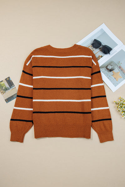 Brown Striped Ribbed Edge Drop Shoulder Sweater